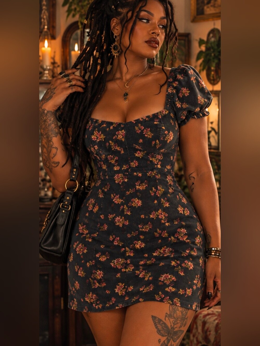 SO Black Floral Corduroy Mini Dress Womens Small Sweetheart Puff Sleeve Y2K